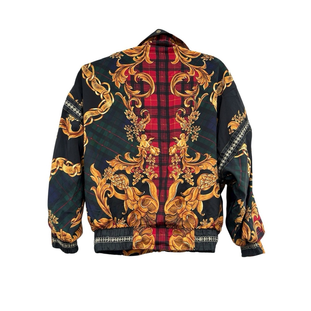 Vintage 90s Off Limits Bomber Jacket Plaid Ornate Baroque Mens Medium Full Zip - Picture 3 of 9